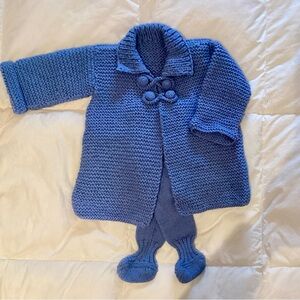 Baby blue sweater and leggings set, hand knit